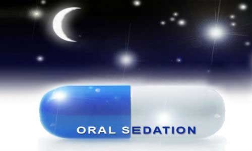 A blue and white pill that has "oral sedation" on it, background is a moon and stars 