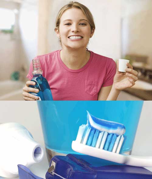 Top - A smiling woman in a pink shirt holding a mouthwash, Bottom - A toothbursh with a toothpaste